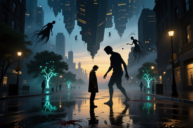 Lone man confronts a tall shadow giant in a surreal upside-down floating city at foggy dusk
