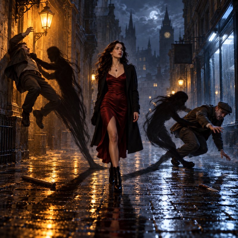 Mysterious woman in a red gown walks through a rainy Victorian alley as shadow spirits attack men on either side.