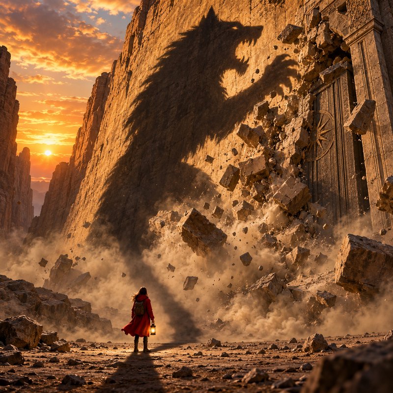Lone adventurer with a lantern watches a giant wolf shadow break through an ancient cliff gate at sunset