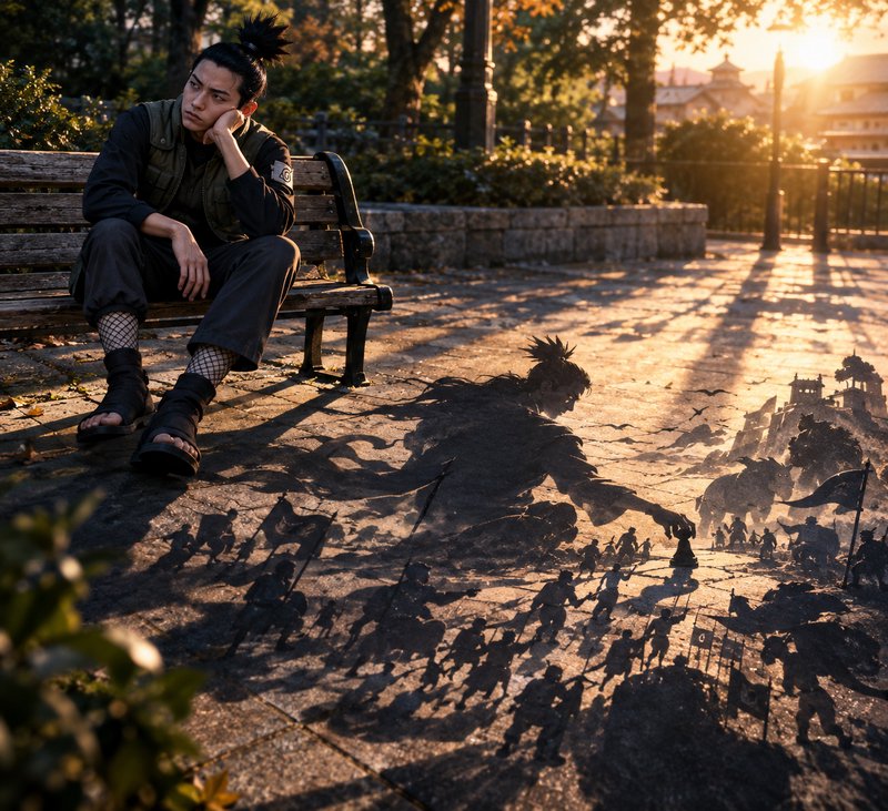 Shikamaru Nara sits pensively on a park bench, his shadow stretching into a vast battlefield at golden sunset