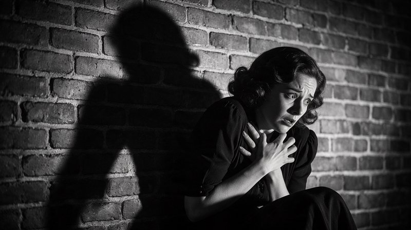 Terrified vintage woman cowers against a brick wall as a menacing shadow looms beside her
