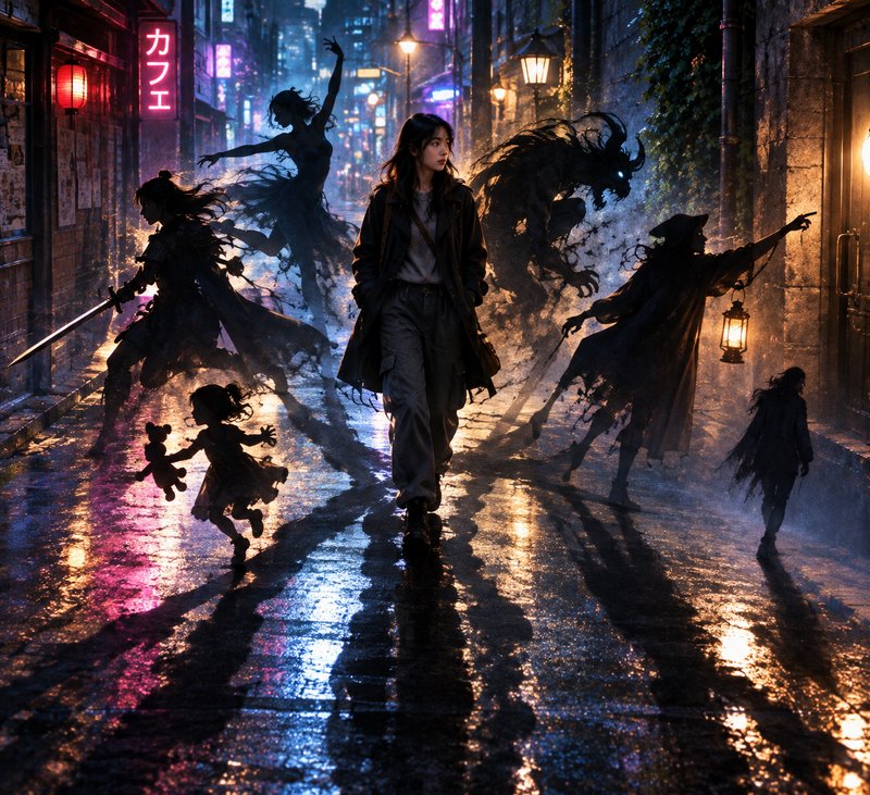 Young woman walks down a rain-slicked neon city alley surrounded by swirling ethereal shadow figures