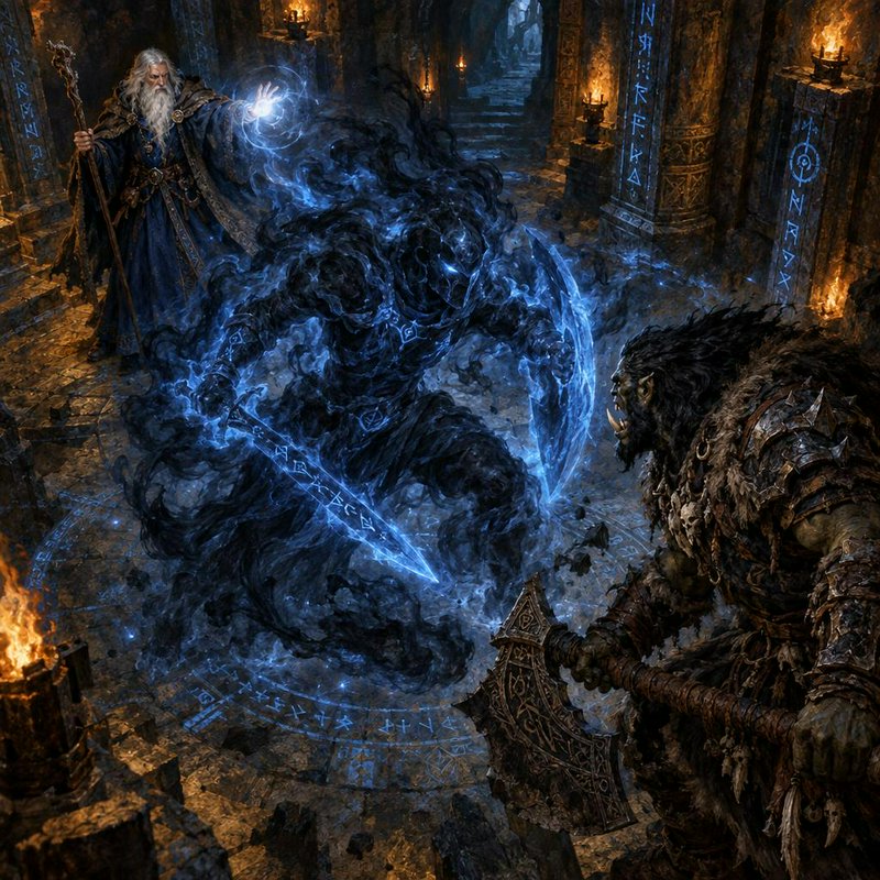 Elder wizard summons glowing shadow spirit to confront armored orc warrior in rune-carved stone t...