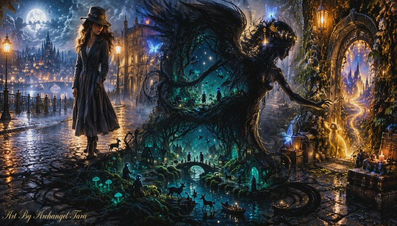 Female fantasy detective stands beside a glowing fey spirit on a misty moonlit magical city street