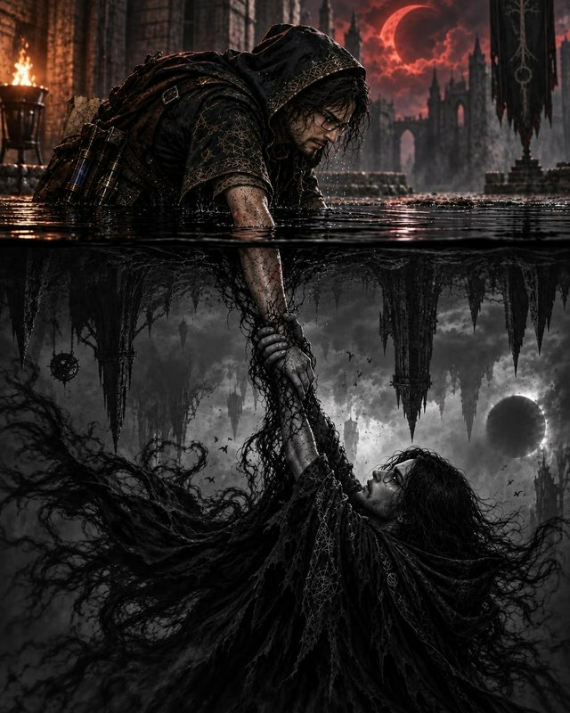 Hooded scholar reaches across dark water to pull a shadow-trapped figure from a nightmarish under...