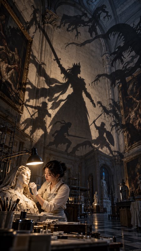Female art restorer works on a marble statue as epic fantasy battle shadows stretch across tall gallery walls