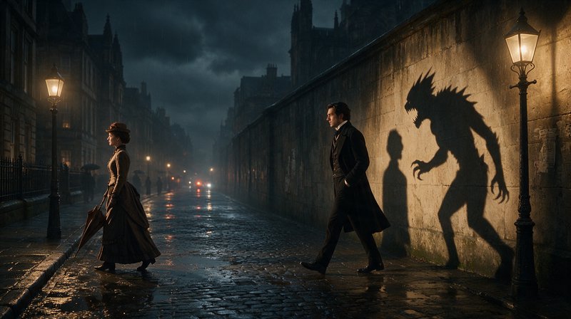 Victorian man walks on a wet cobblestone street, his cast shadow taking the shape of a feral were...