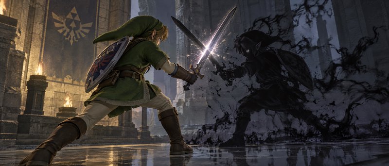 Link clashes swords with his shadow doppelganger Dark Link inside a torch-lit ancient Hyrule stone temple