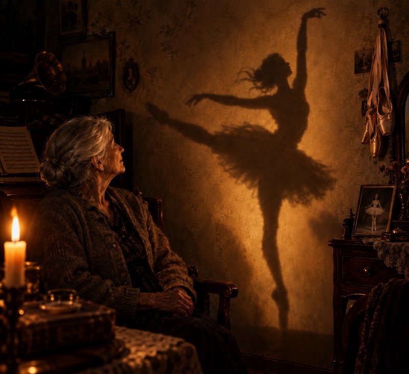 Elderly woman sits gazing at a ballerina shadow cast across her wall by warm candlelight