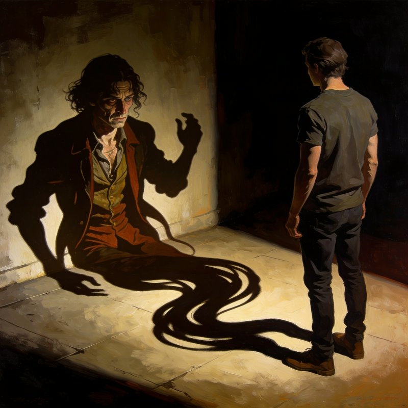 Uncanny supernatural painting of a seated man whose coiled shadow stretches toward a standing visitor