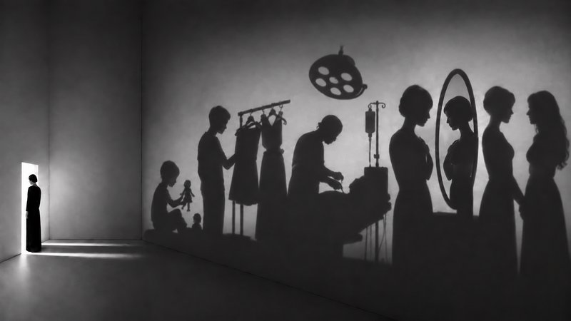Lone gallery visitor views narrative silhouette shadow art cast across a large museum wall