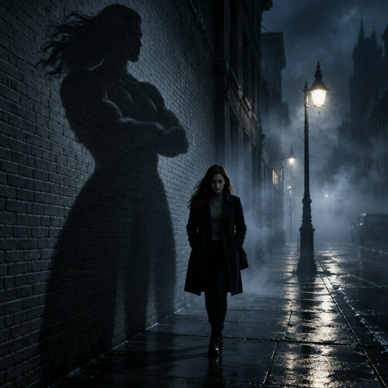 A woman walks down a foggy wet night street, casting a striking shadow of a muscular crossed-arms...