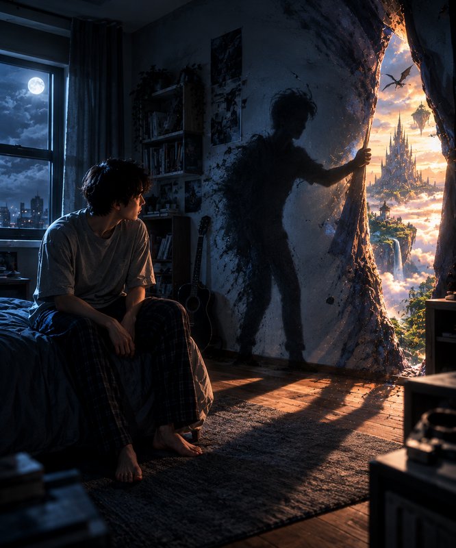 Teenager sitting on his bedroom bed watches his shadow pull open a glowing portal to a fantasy realm