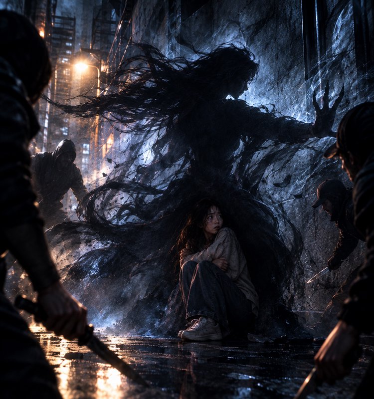 Dark wispy spirit shields a huddled girl from armed attackers in a rainy night city alley