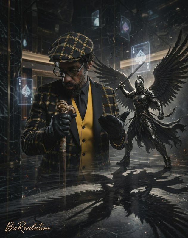 Sharply dressed man with an ornate cane stands beside a winged armored knight and glowing ace of spades holograms
