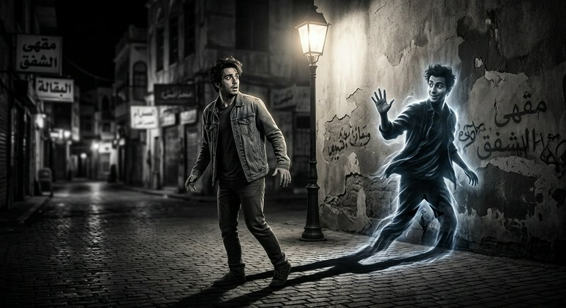 Shocked man stares at his waving translucent ghost doppelganger on a dark old cobblestone city st...