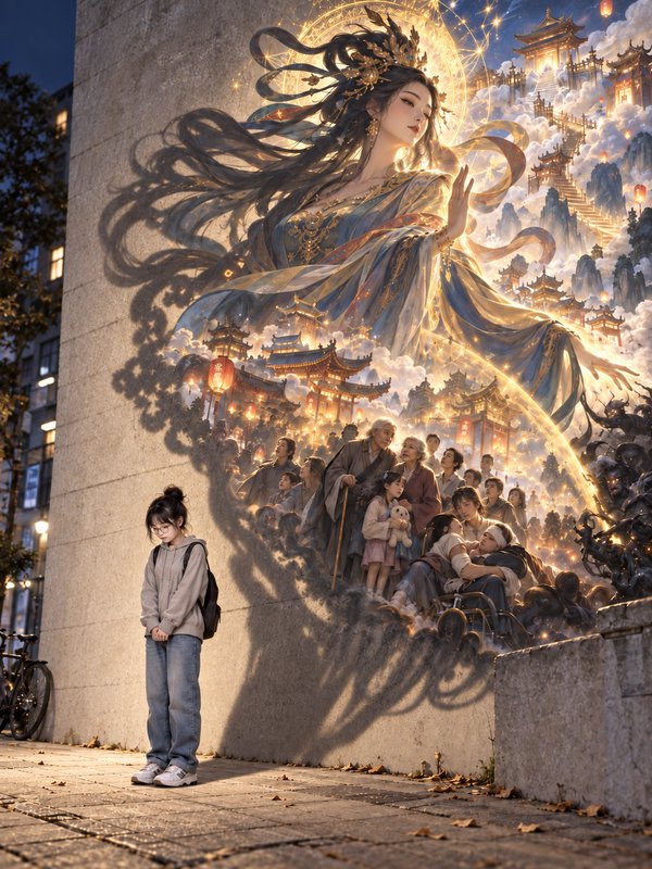 Young teen stands on an evening city sidewalk beside a wall displaying a glowing celestial Chinese myth scene