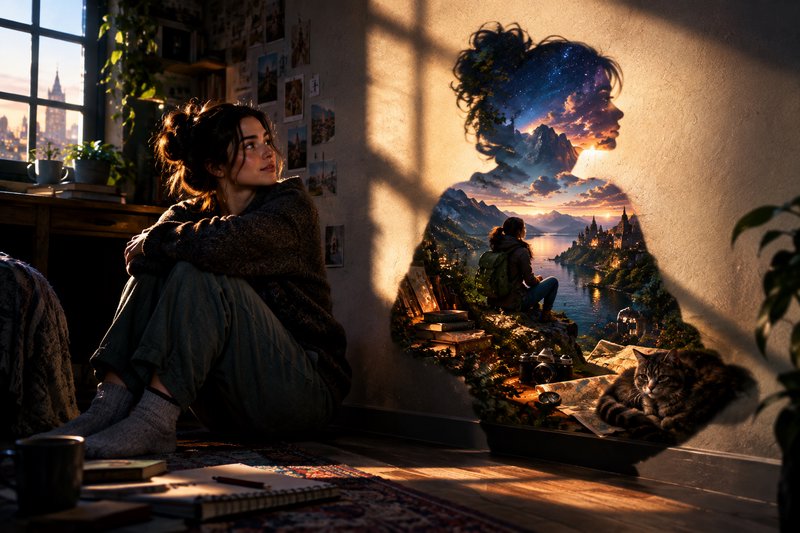 Young woman sits on a cozy sunlit apartment floor next to a wall shadow filled with a fantastical...