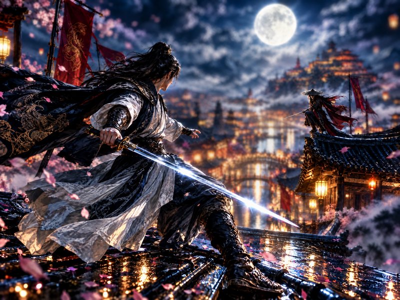 Wuxia swordsman draws his blade to face a rival opponent on a rooftop under a glowing full moon over an ancient lit city