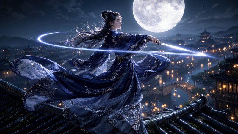 Female wuxia warrior with a glowing sword stands on a rooftop overlooking an ancient lantern-lit city under a bright full