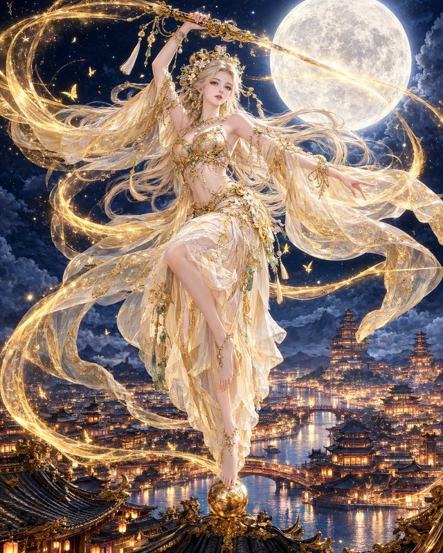 Ethereal blonde fantasy goddess in golden robes balances atop a rooftop orb under a full moon abo...