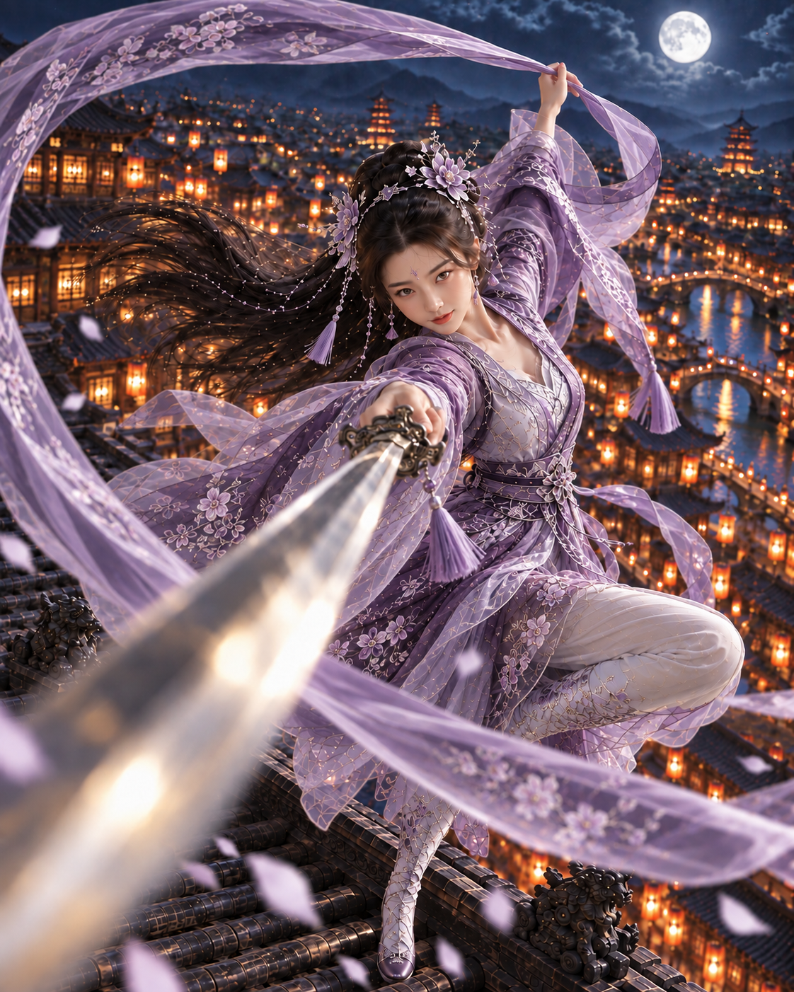 Wuxia female warrior in purple hanfu holds a sword while perched on a rooftop above a lantern-lit ancient city under full