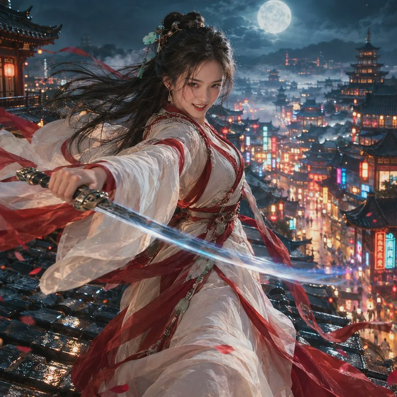 Female wuxia swordsman holds a glowing sword on a rooftop over a lantern-lit ancient city under a...