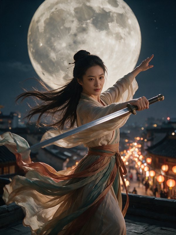 Woman in flowing hanfu holds a sword in a martial pose beneath a giant full moon overlooking a la...