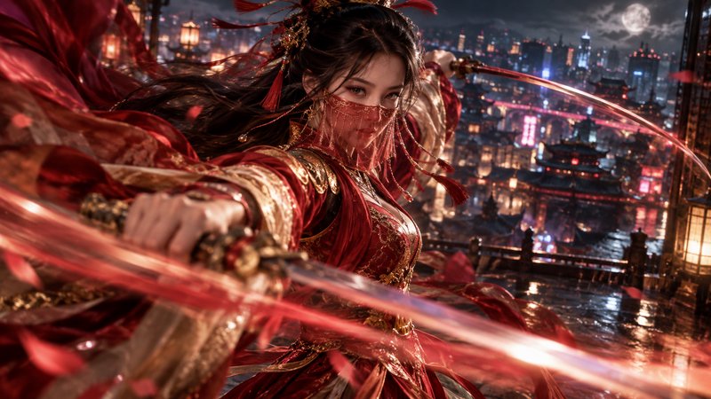 Fierce masked female wuxia warrior wielding dual swords above a lantern-lit ancient city at moonl...