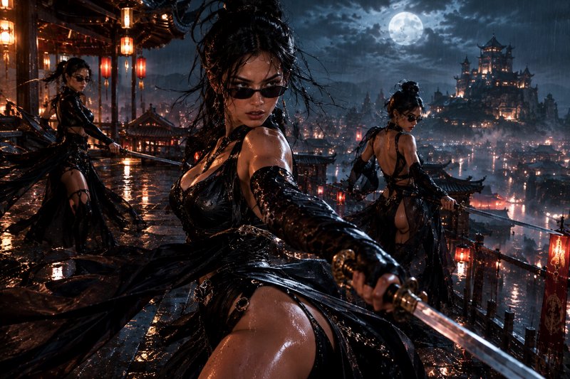 Three stylish female warriors holding katanas stand guard on a rain-soaked rooftop overlooking a ...