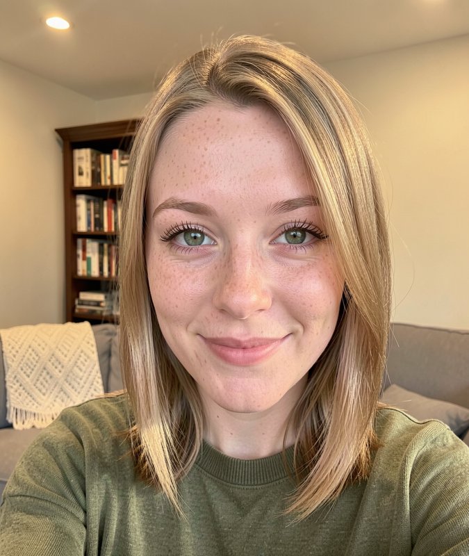 Close-up selfie of a freckled blonde woman smiling gently from a cozy living room