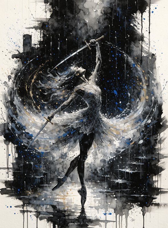 Graceful warrior ballerina balanced en pointe holding two swords in dynamic ink wash style