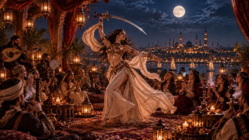 Sword belly dancer performs for guests on a moonlit terrace overlooking an illuminated historic eastern city