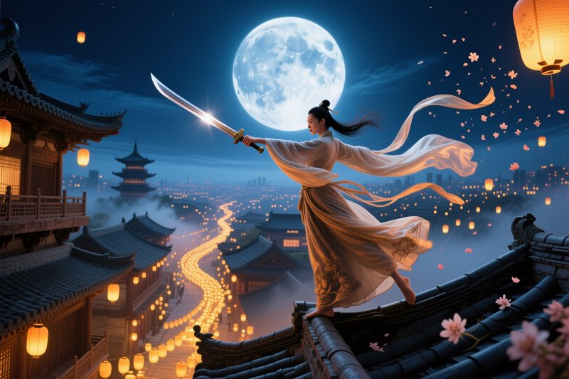 Woman in flowing hanfu holds a drawn sword while standing on a traditional rooftop under a glowin...
