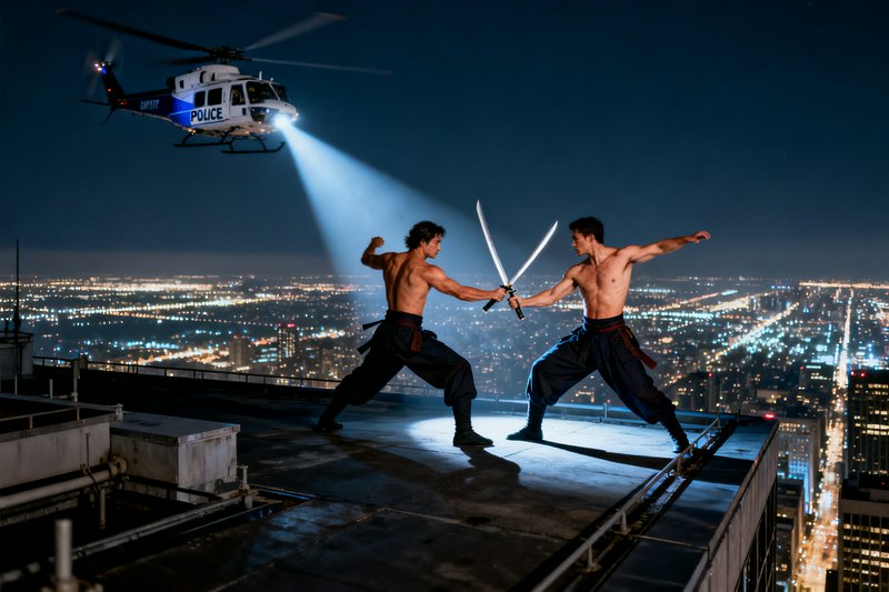 Two shirtless sword fighters clashing katanas on a skyscraper rooftop lit by a police helicopter searchlight at night