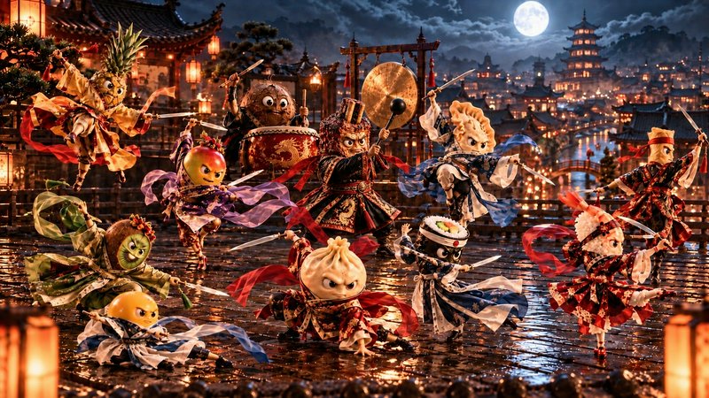 Anthropomorphic food and fruit warrior characters perform sword martial arts under a full moon ov...