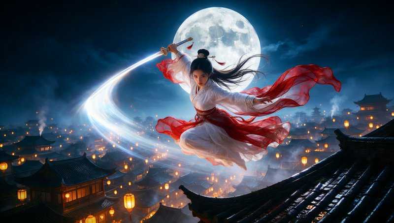 Wuxia female warrior leaps over a lantern-lit ancient Chinese city under a giant glowing full moon