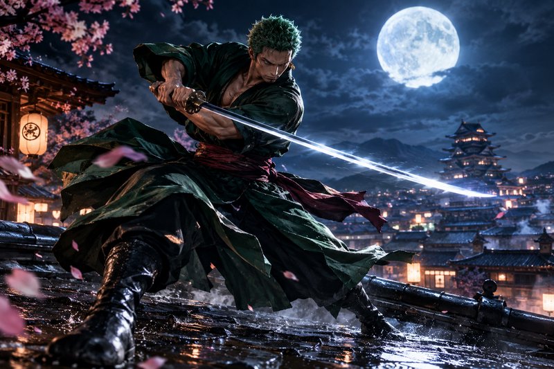 Roronoa Zoro holds a glowing katana in battle stance on a wet Wano rooftop under a bright full moon