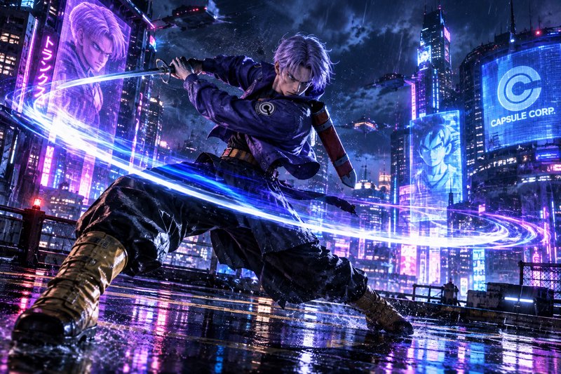 Future Trunks swings a glowing energy sword atop a rainy neon cyberpunk city rooftop at night