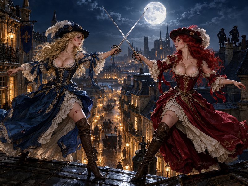 Two female musketeers dueling with crossed rapiers on a moonlit historic Paris rooftop