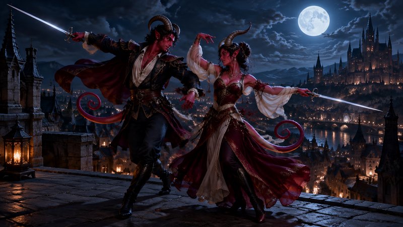 Two horned tiefling sword dancers pose on a moonlit castle rooftop overlooking a fantasy city