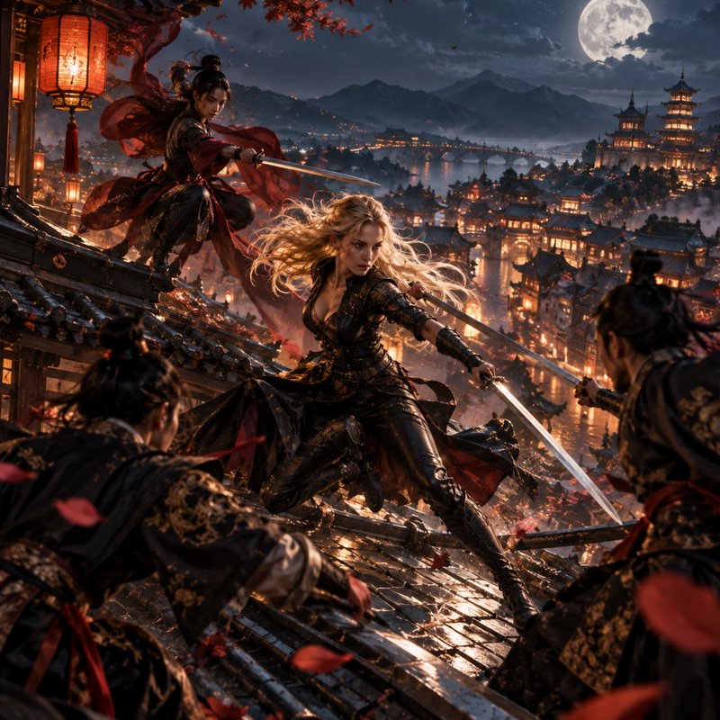 Blonde dual-wielding female warrior fights samurai opponents on a rooftop over a moonlit ancient ...