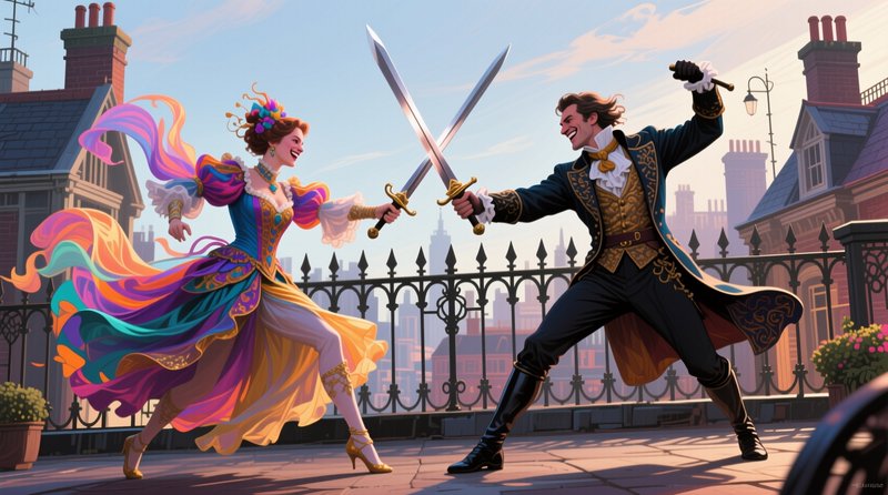 Laughing couple in ornate period dress duel playfully with swords on a sunny rooftop terrace