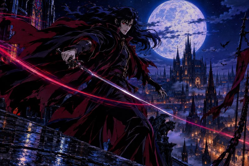 Anime vampire wielding a sword stands on a gothic rooftop under a giant full moon over a misty medieval city