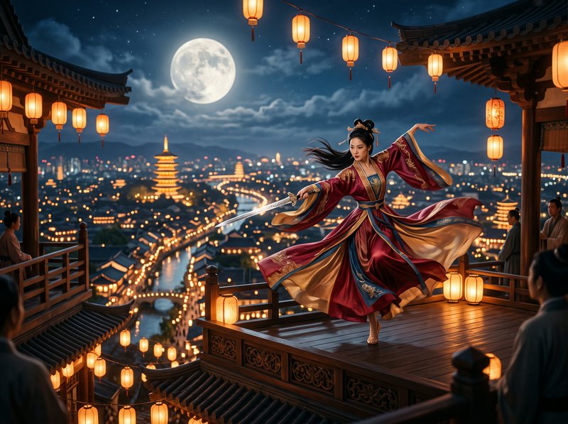 Female warrior in traditional hanfu performs a sword dance on a lantern-lit terrace under a full ...