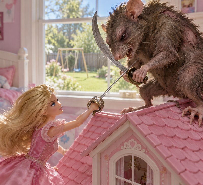 Blonde Barbie in a pink gown duels a menacing giant rat with swords atop a pink dollhouse roof