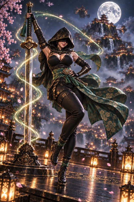 Hooded blindfolded fantasy rogue grips an enchanted sword overlooking a misty pagoda city under a full moon