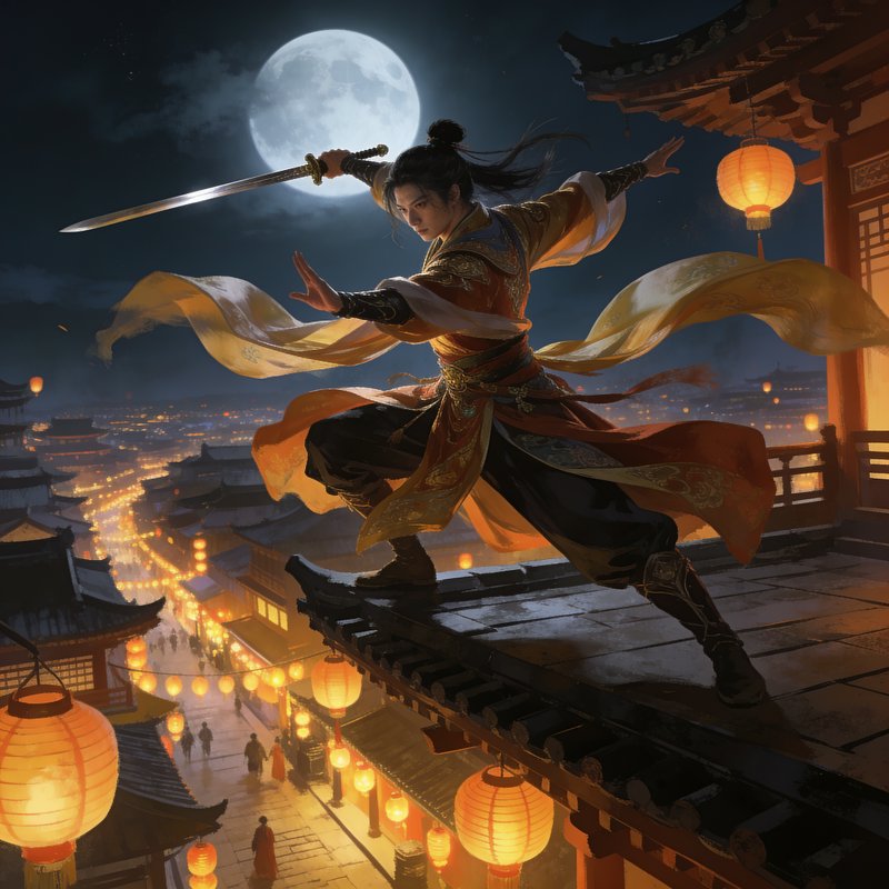 Wuxia swordsman in embroidered hanfu holds a sword in a martial pose on a rooftop above a lantern-lit city under a full moon