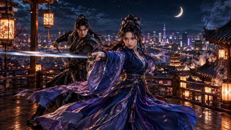 Two wuxia warriors hold drawn swords in a battle stance on a lantern-lit terrace overlooking a fa...