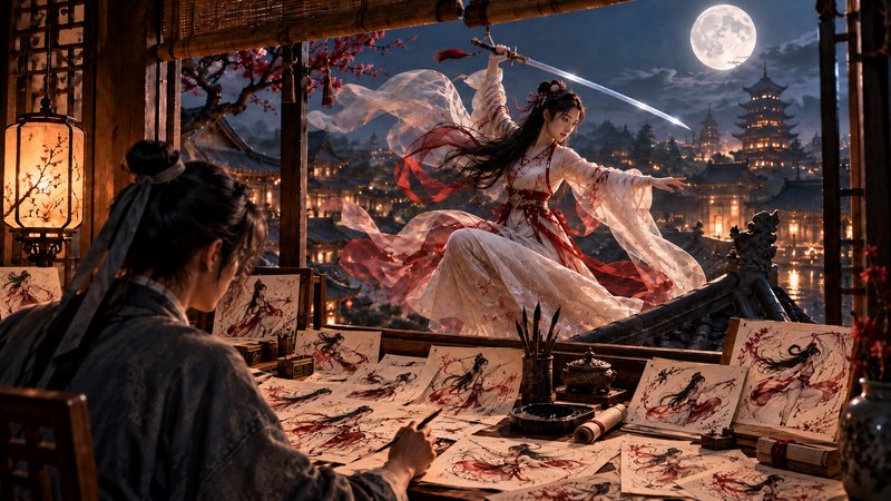 Traditional East Asian artist sketches a hanfu swordswoman striking a martial rooftop pose under a full moon
